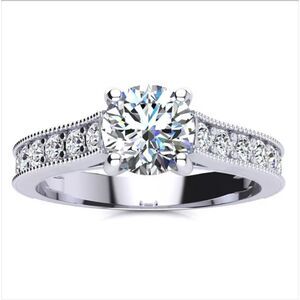 1 1/2 Carat Natural Round Diamond Ring  In 14K & Wedding Band